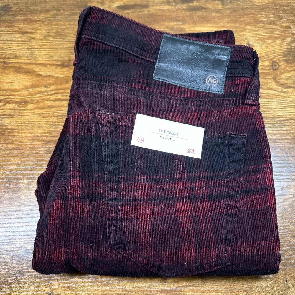 AG Adriano Goldschmied The Tellis Modern Slim Corduroy Plaid Pants Red Black 32